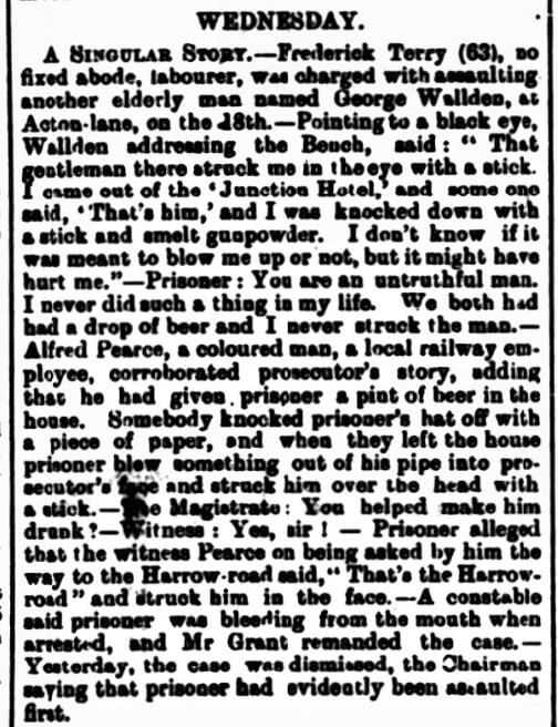 Article from the Willesden Chronicle that mentioning Alfred Pearce and referring to him as a 'coloured railway employee', 21 September 1900. Newspaper image © The British Library Board. All rights reserved. With thanks to The British Newspaper Archive (www.britishnewspaperarchive.co.uk). 