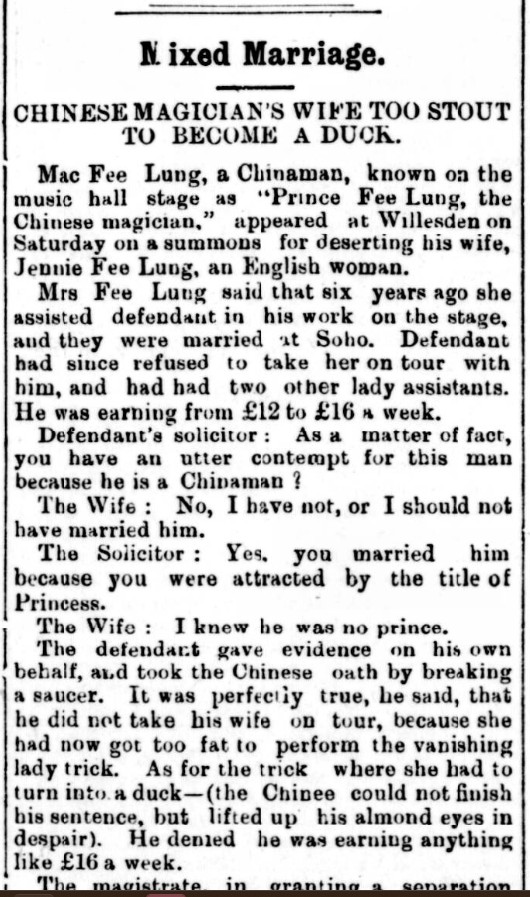 Newspaper clipping titled “Mixed Marriage” reporting a court case involving magician Mac Fee Lung and his wife, including claims he stopped performing with her because she was considered too fat for stage acts.