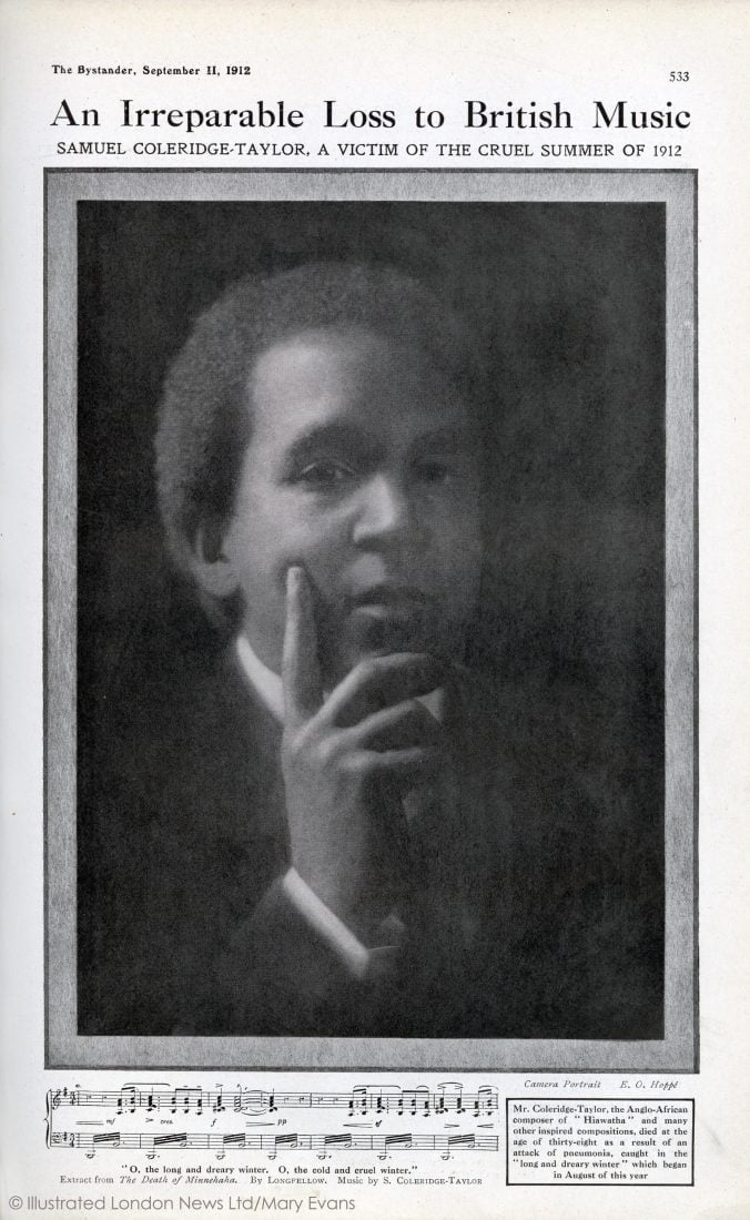 Coverage of Samuel Coleridge-Taylor's death in The Bystander, 11 September 1912. Above a picture of the composer, the headline reads an irreplaceable loss to British music.