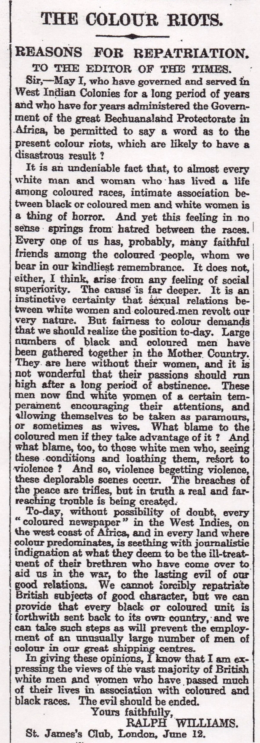 1919.06.14 Ralph Williams on the Riots - The Times ‘The Colour Riots’, Letters to the Editor, The Times, 14 June 1919.