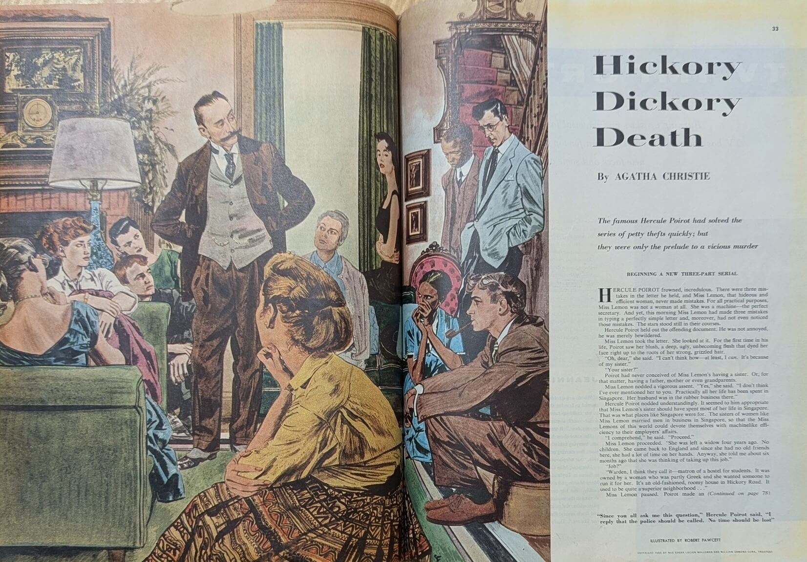 Illustration by Robert Fawcett featuring some of the Black students in Christie’s Hickory Dickory Dock (published as Hickory Dickory Death in the United States) in Colliers magazine, 14 October 1955. Image courtesy of Collecting Christie.