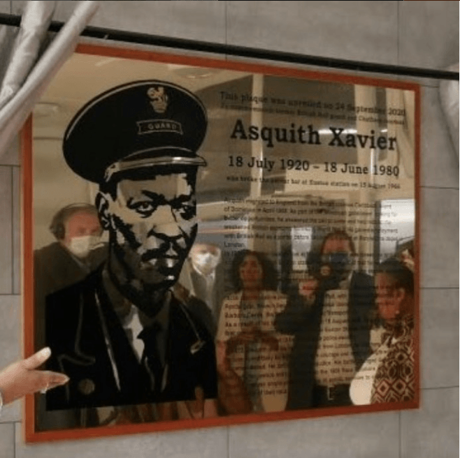 A plaque at Chatham railway station dedicated to Asquith Xavier. Image courtesy of Camealia Xavier-Chihota A plaque at Chatham railway station in Kent dedicated to Asquith Xavier, unveiled in October 2020. Image courtesy of Camealia Xavier-Chihota.
