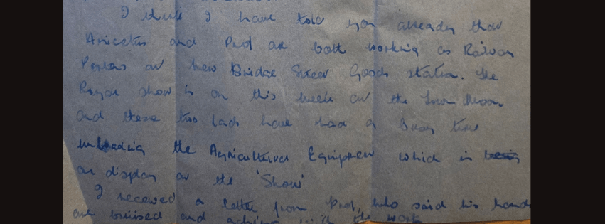 Anicetus and Prof (Facebook Cover) Extract from Louise's mother's letter in which her Nigerian husband's friends are mentioned as working at New Bridge Station in Newcastle, 1956. Image courtesy LB collection / The Mixed Museum