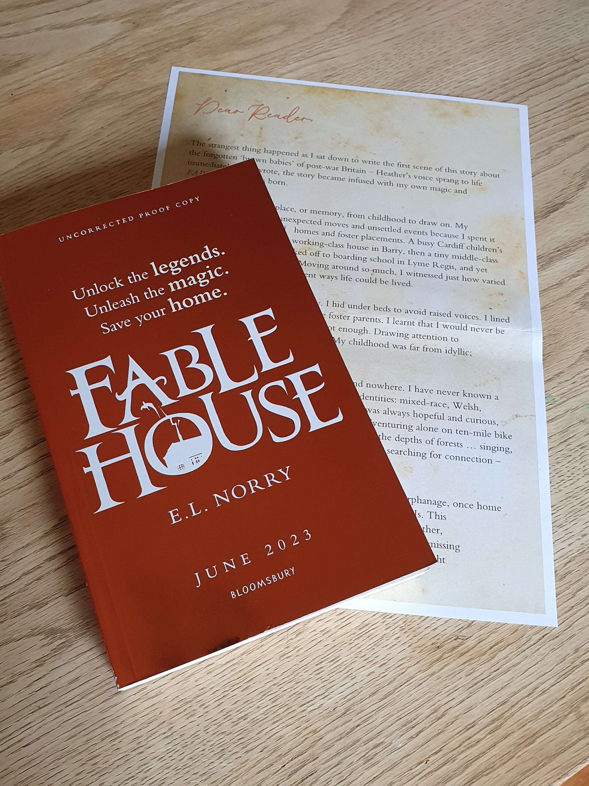 A photo of Fablehouse book proof cover and accompanying author letter.