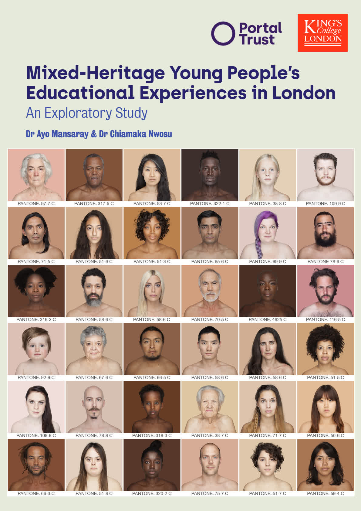 The cover of The Portal Trust's 2025 report 'Mixed Heritage Young People's Educational Experiences in London' featuring photos of young mixed race people of different skin tones matched with Pantone colours