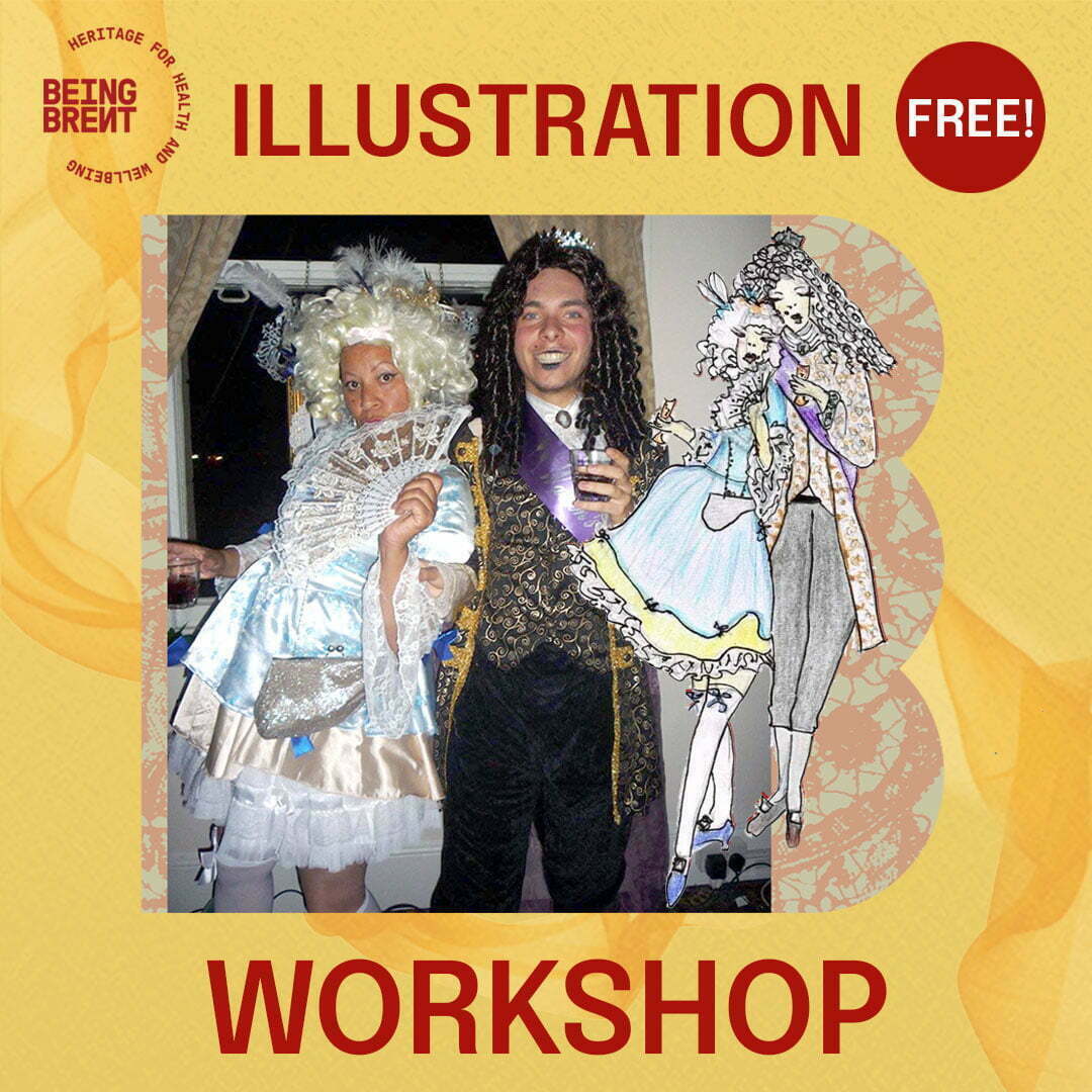 Promotional photo for the BTCOTC Illustration workshop. Image shows a man and woman dressed up in 18th century costumes. An illustration based on the photo is overlaid on the right. Caption reads Illustration Workshop.