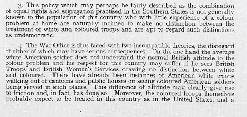Extract from a Memorandum by the UK Secretary of State for War, 3 October 1942, detailing the differences in attitude to what was termed ‘the colour problem’ in the UK and the US.