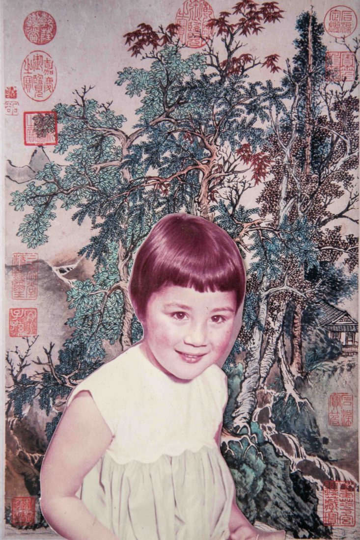 Garden Street Portraits by Allan O'Neill, a collage artwork of a young child with short hair placed in front of a traditional Chinese landscape painting, blending a personal portrait with historical imagery.