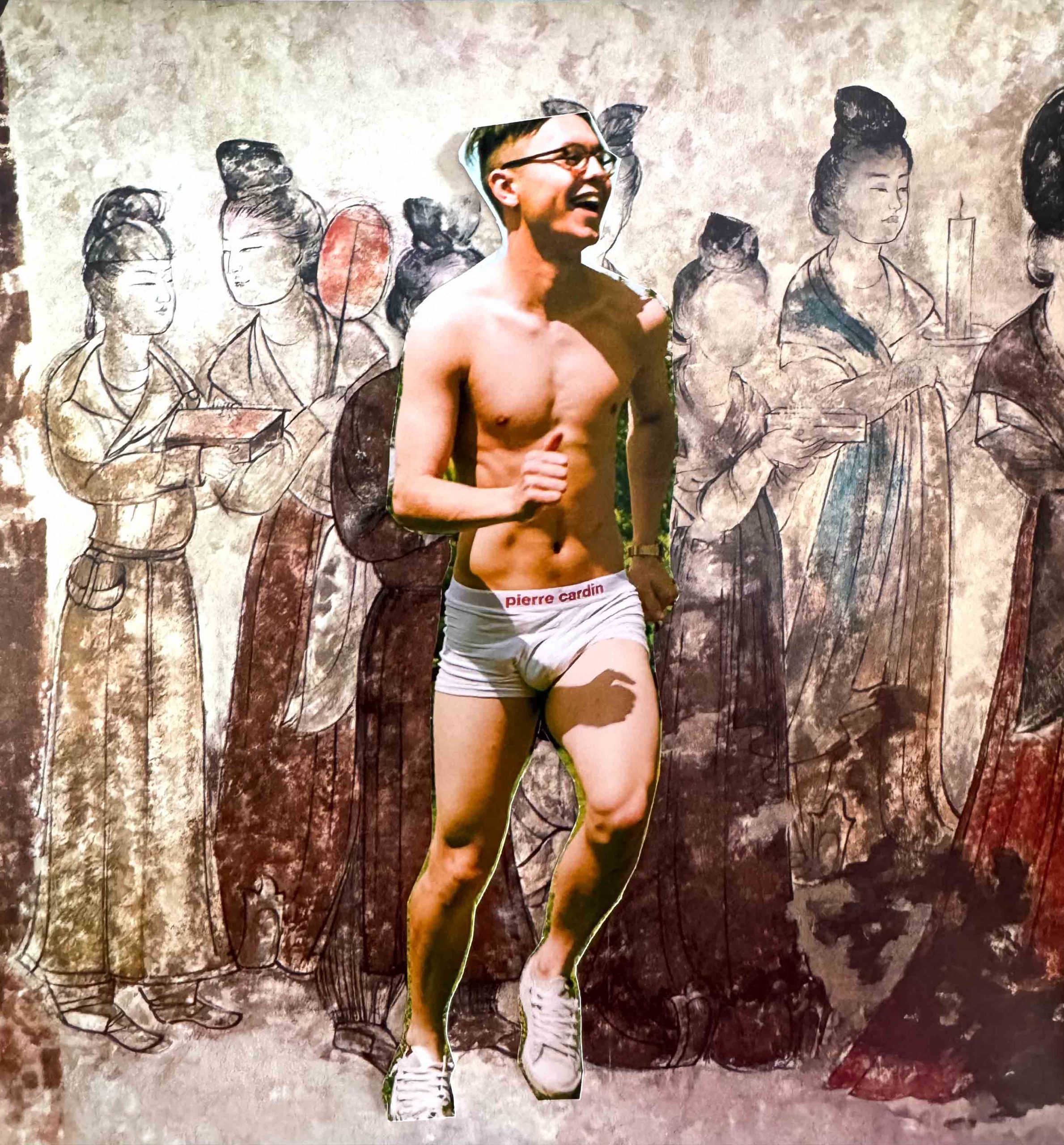 Orientalism reconsidered, a collage-style artwork by Allan O'Neill showing a smiling man running in underwear and trainers, set against a backdrop of traditional East Asian painted figures,
