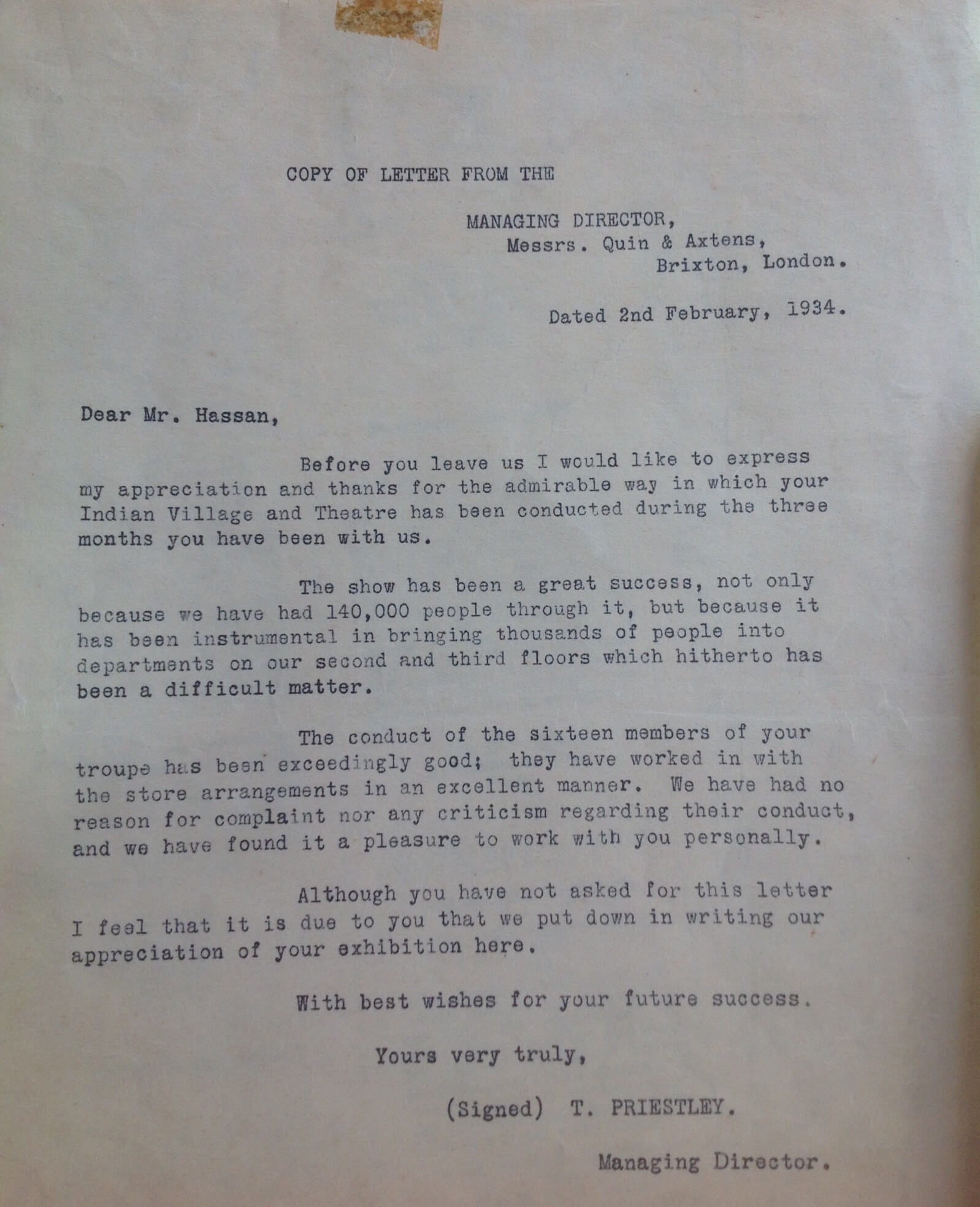 Indian Village thank you letter from Quin & Axtens bazaar and department store, Brixton, February 1934. Courtesy Sheereen Khan