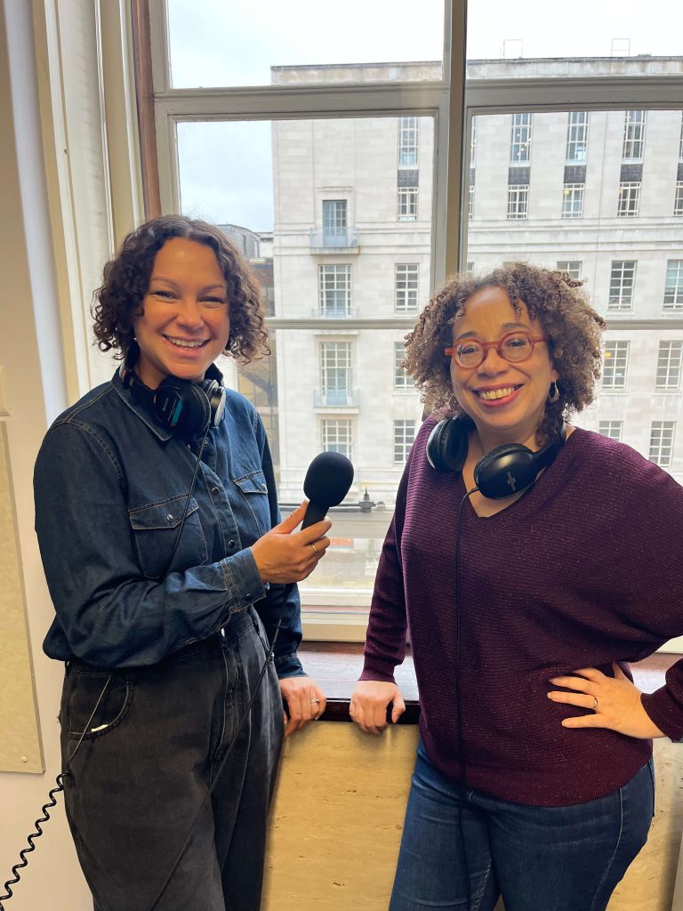 Laura Smith (left) and Dr Chamion Caballero (right) recording at the Institute of Historical Research
