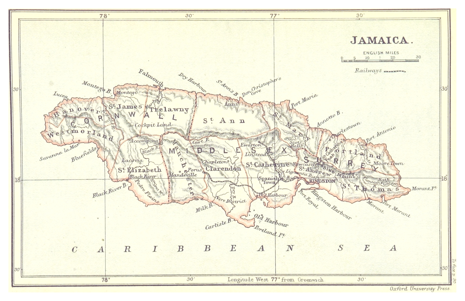 Map of Jamaica, 1888, when George Samuel Bailey was born. Image: public domain, via Wikimedia Commons