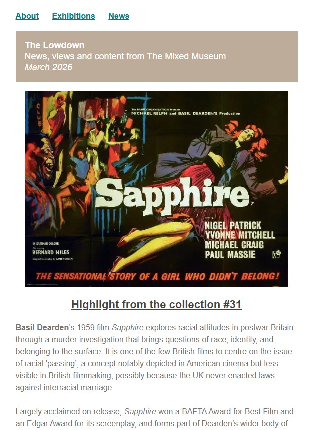 Screenshot of The Mixed Museum's March 2026 newsletter featuring a poster of the film Sapphire