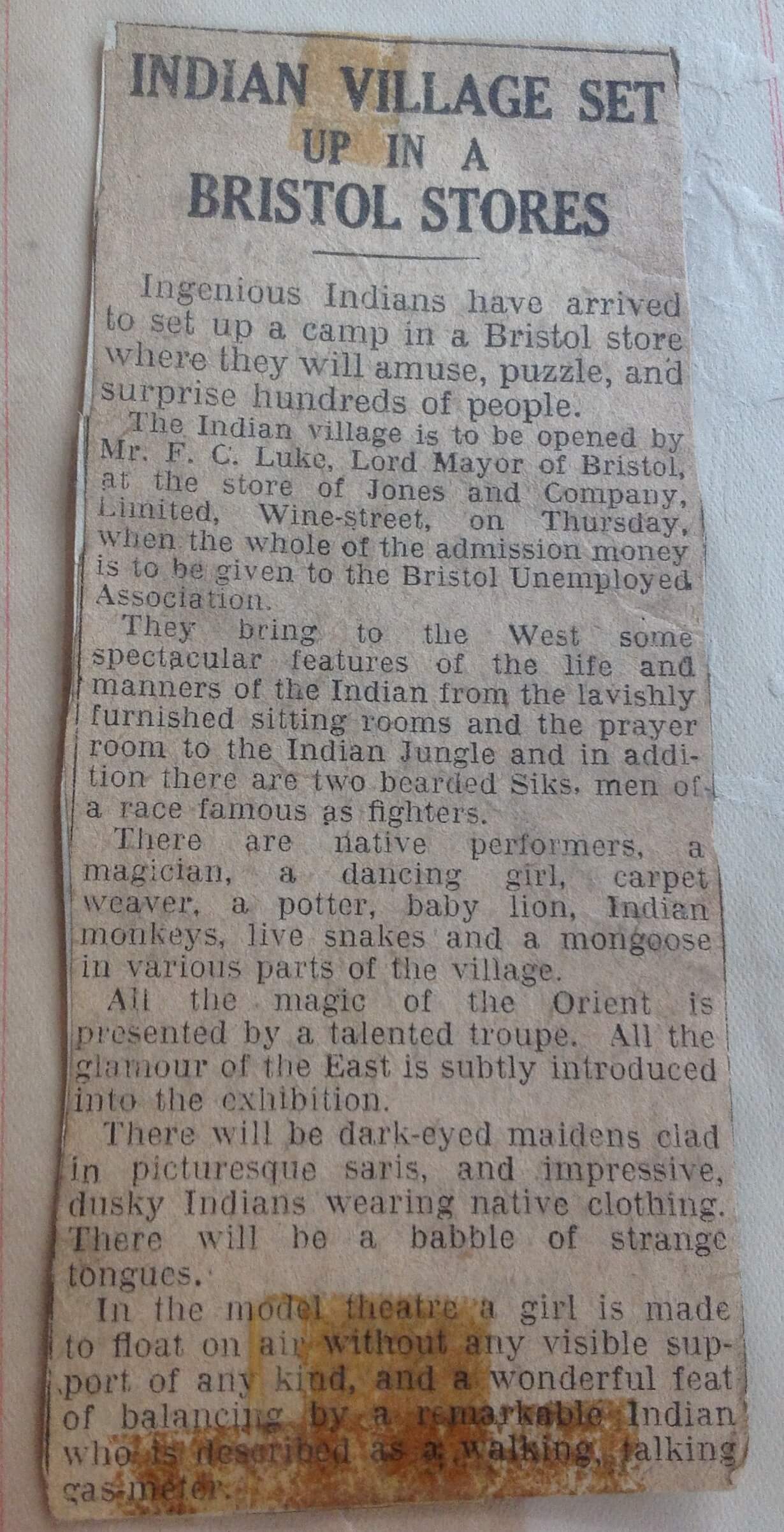 Newspaper article about Indian Village visit to Bristol, title and date unknown. Courtesy of Sheereen Khan