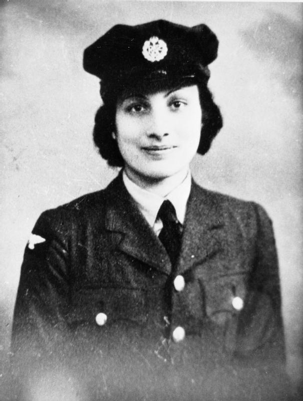 Black-and-white portrait of Noor Inayat Khan in Women's Auxiliary Air Force uniform during the Second World War.