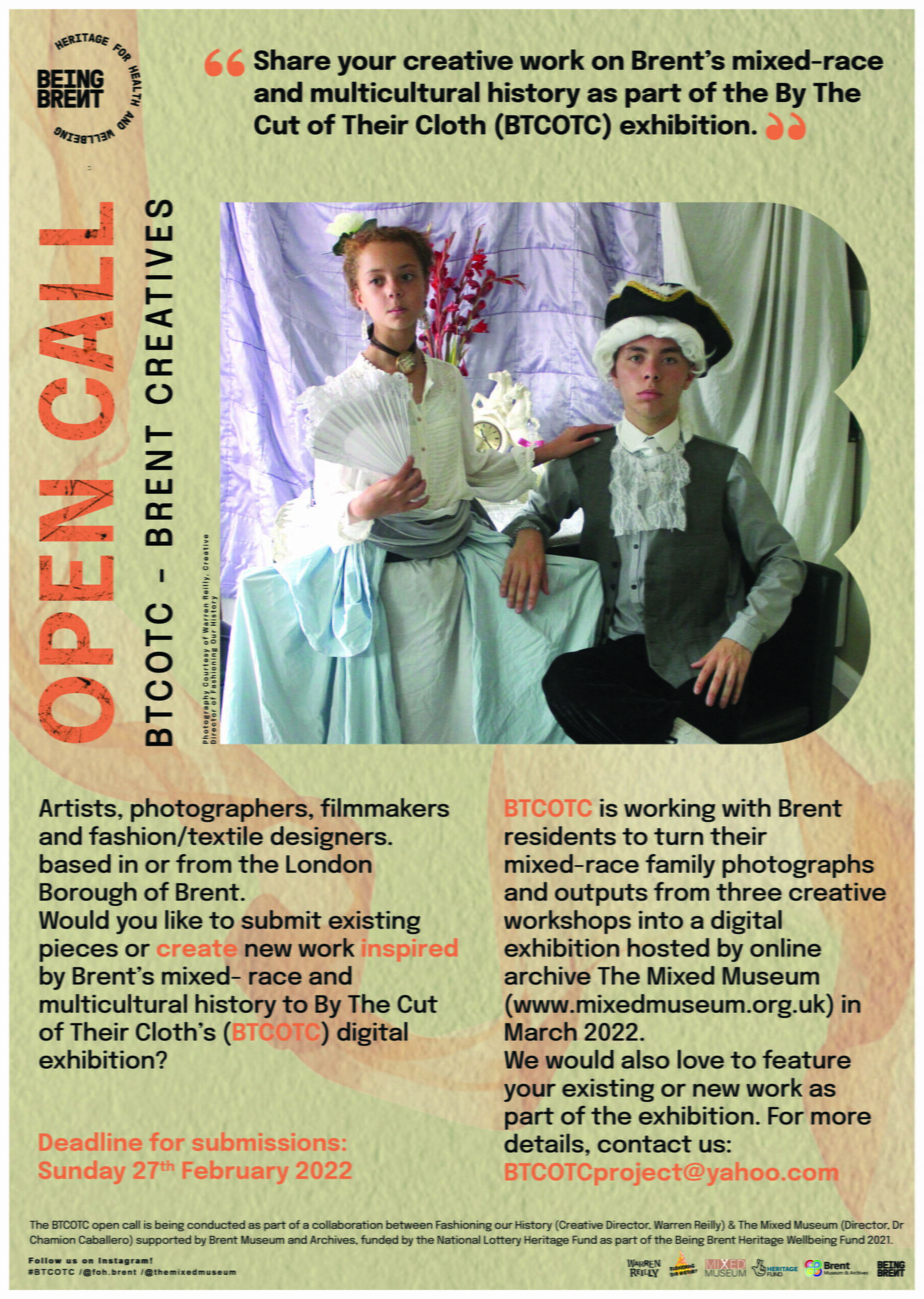 BTCOTH Open Call for Creatives poster showing the mixed race artist Warren Reilly and a young mixed race woman dressed up in eighteenth century clothing and posing for a studio portrait. 