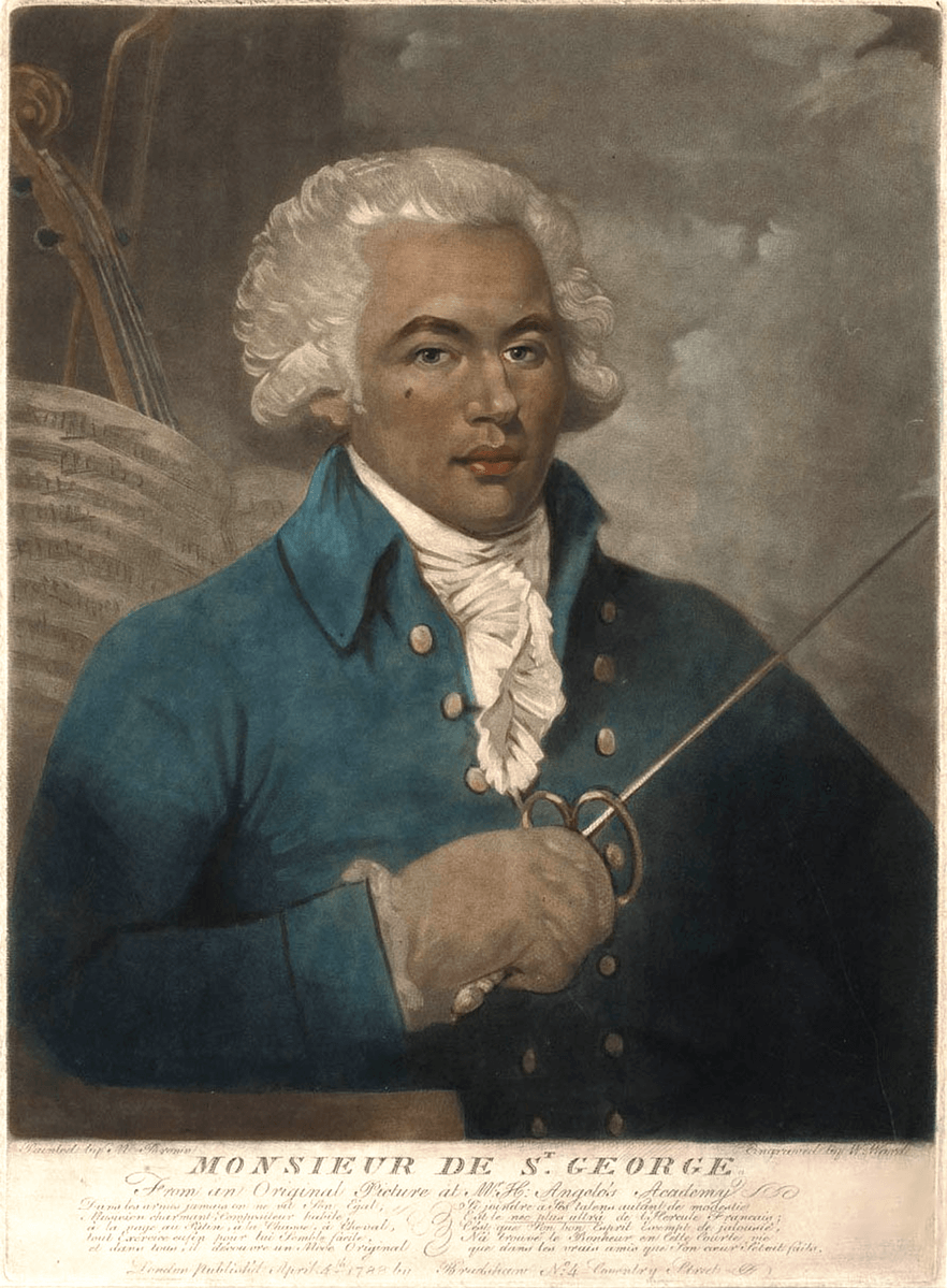 18th century portrait of Joseph Bologne, the mixed race composer. he is wearing a blue coat an dholding a sword.