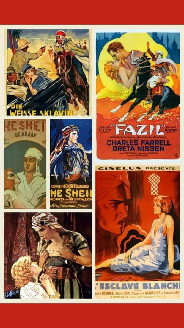 Collage of images of old desert romance novels featuring sheikhs and white women