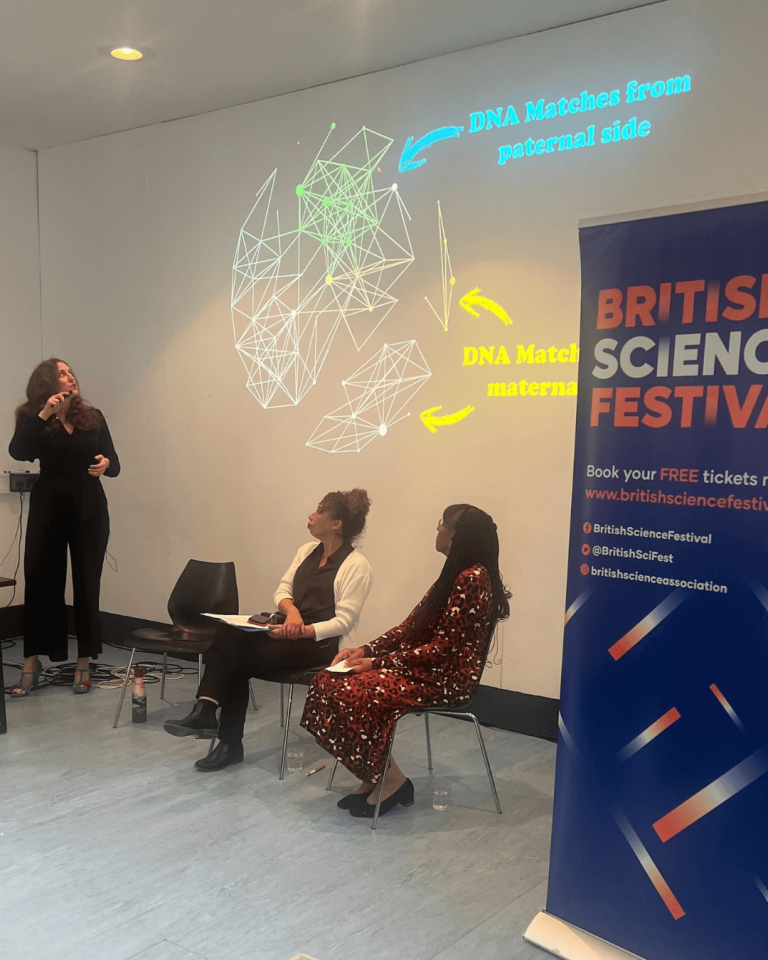Dr Sophie Kay presenting on the science of DNA testing, with Dr Chamion Caballero and WW2 'brown baby' Arlene Nelson, British Science Festival, Liverpool, September 2025.