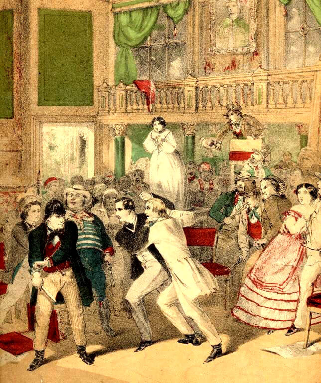19th-century illustration of Dion Boucicault's 1859 play The Octoroon showing an auction scene, with the character Zoe being presented for sale in front of a crowd, some of whom are confronting each other.