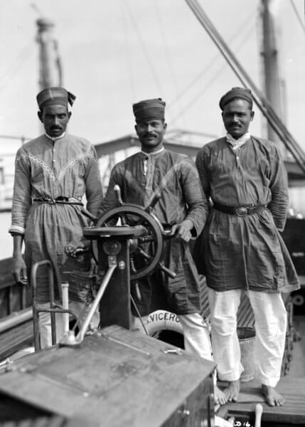 'Three Lascars on the Viceroy of India, c1930-39'. Source: National Maritime Museum from Greenwich via Wikimedia Commons.