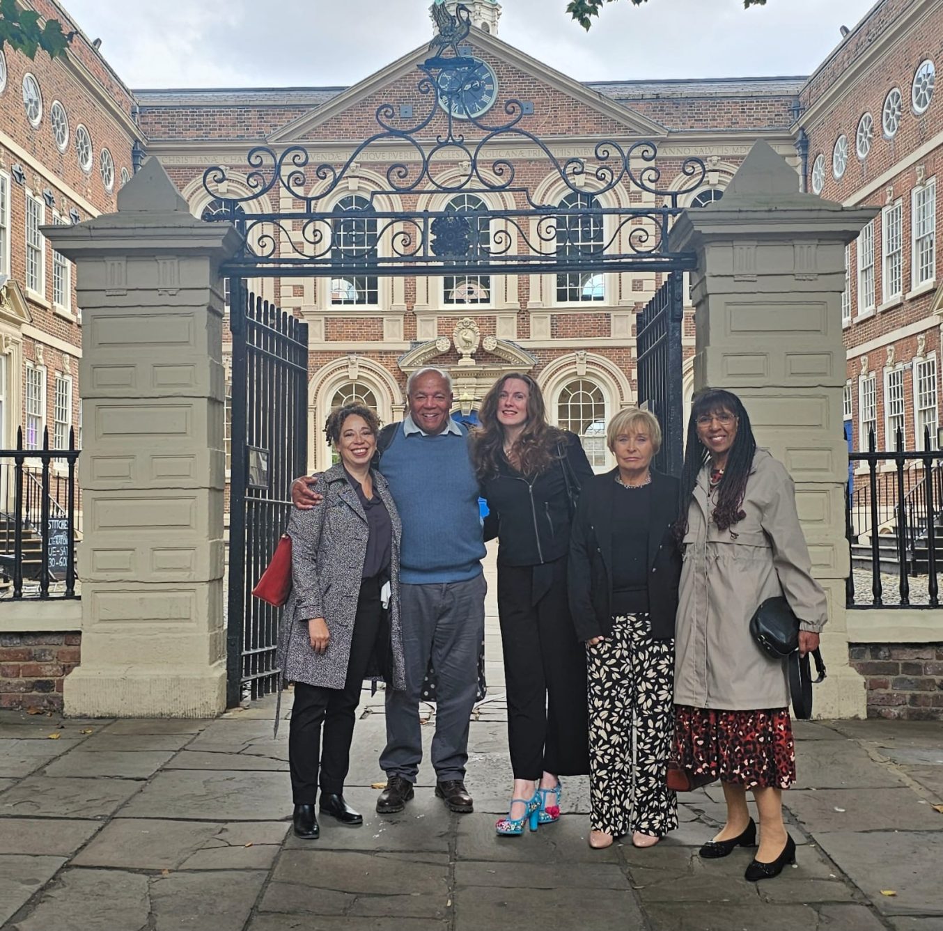 WhatsApp Image 2025-09-13 at 21.21.30 Dr Chamion Caballero, Terry Harrison, Dr Sophie Kay, Sandra and Arlene Nelson outside the Bluecoat venue, Liverpool.