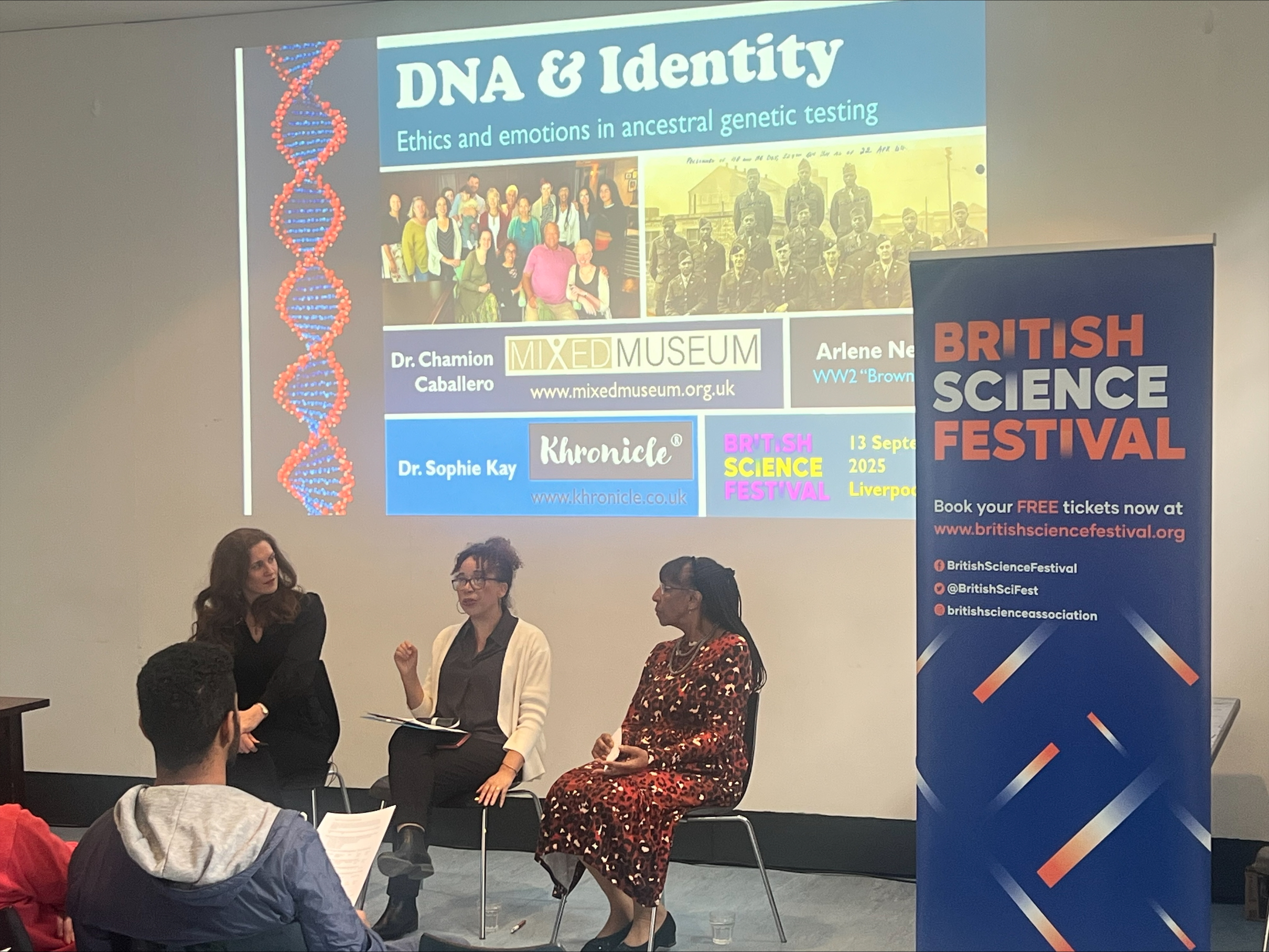 Dr Sophie Kay, Dr Chamion Caballero and Arlene Nelson presenting in the Bluecoat Garden Room at the British Science Festival, Liverpool, 13 September 2025.